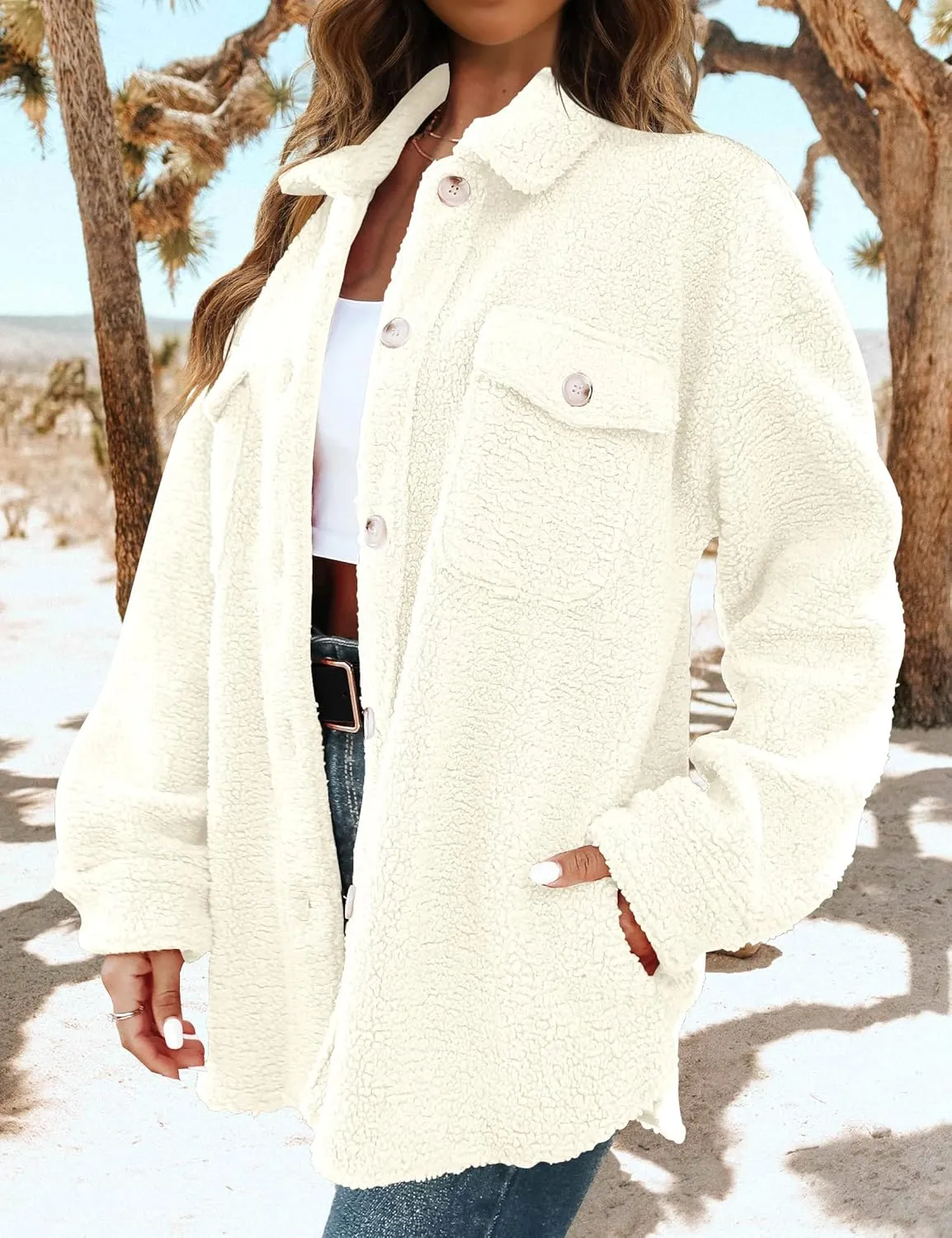 TECREW Women's Winter Sherpa Fleece Jacket Button Down Fuzzy Shacket Outwear Coat with Pockets