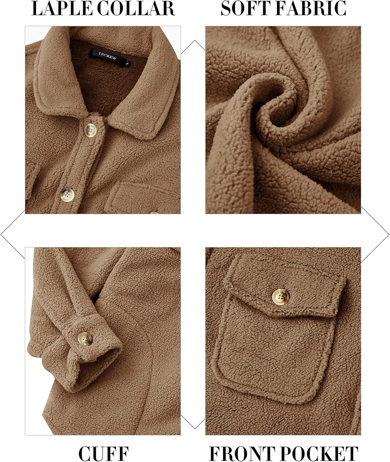 TECREW Women's Winter Sherpa Fleece Jacket Button Down Fuzzy Shacket Outwear Coat with Pockets