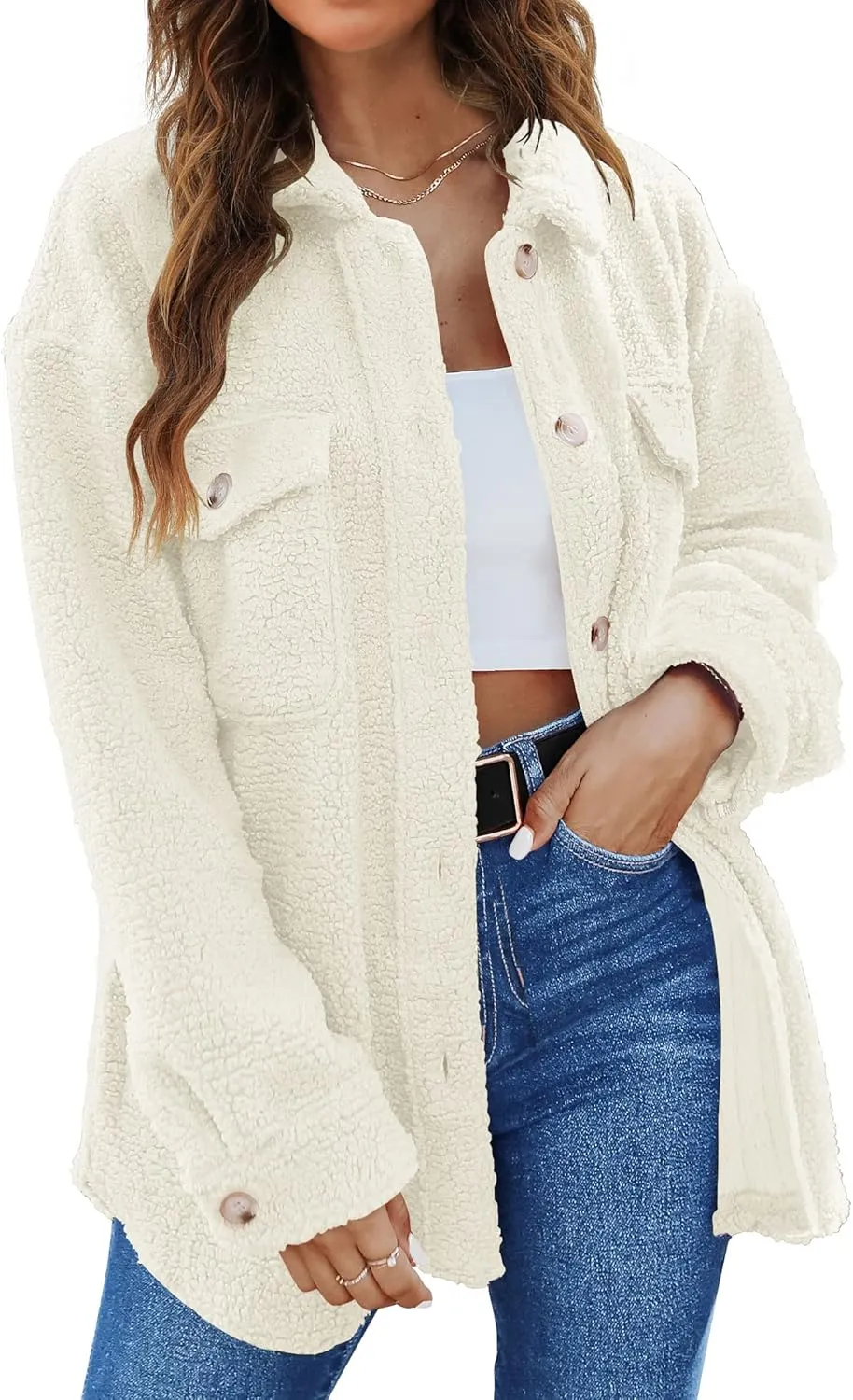 TECREW Women's Winter Sherpa Fleece Jacket Button Down Fuzzy Shacket Outwear Coat with Pockets