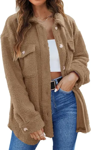 TECREW Women's Winter Sherpa Fleece Jacket Button Down Fuzzy Shacket Outwear Coat with Pockets