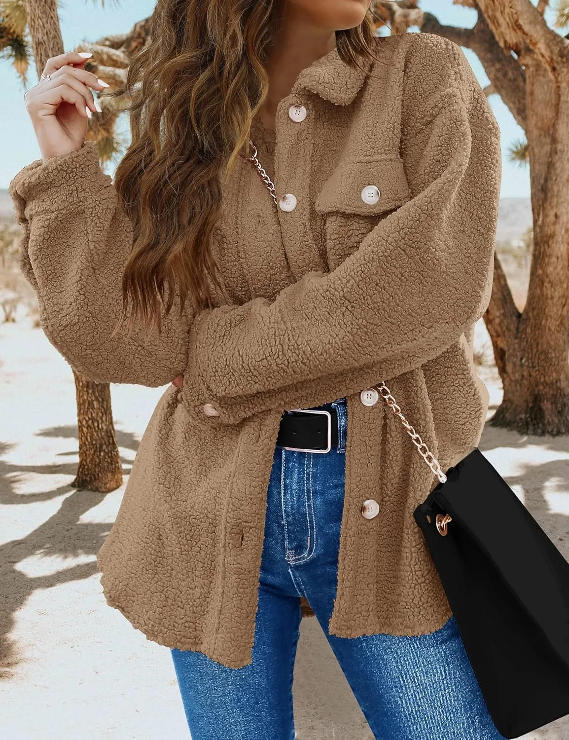 TECREW Women's Winter Sherpa Fleece Jacket Button Down Fuzzy Shacket Outwear Coat with Pockets