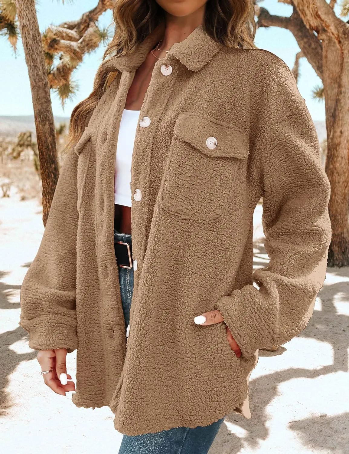 TECREW Women's Winter Sherpa Fleece Jacket Button Down Fuzzy Shacket Outwear Coat with Pockets