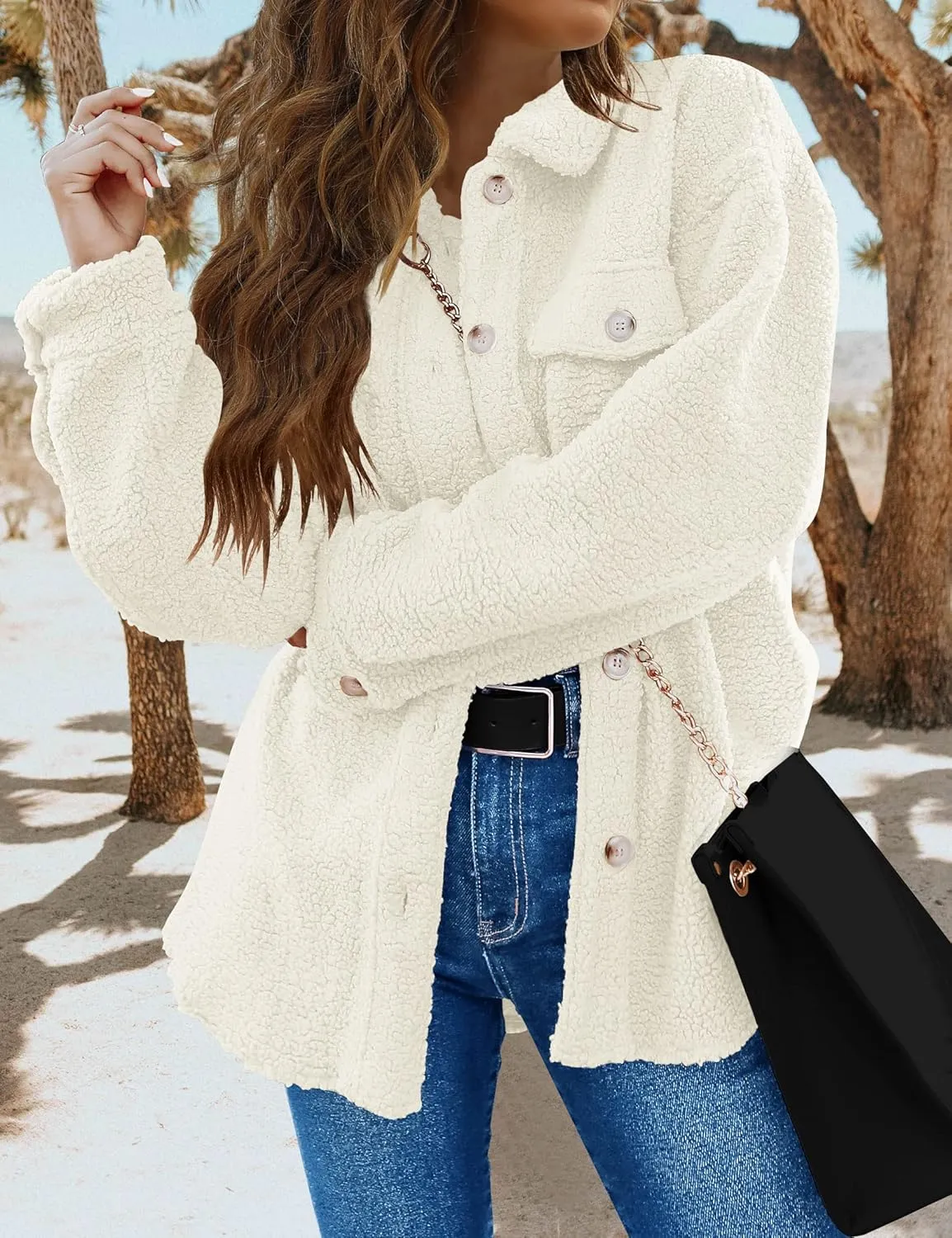 TECREW Women's Winter Sherpa Fleece Jacket Button Down Fuzzy Shacket Outwear Coat with Pockets