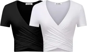 VETIOR Women's Sexy Deep V Neck Short Sleeve Unique Slim Fit Cross Wrap Shirts Crop Tops Going Out Tops