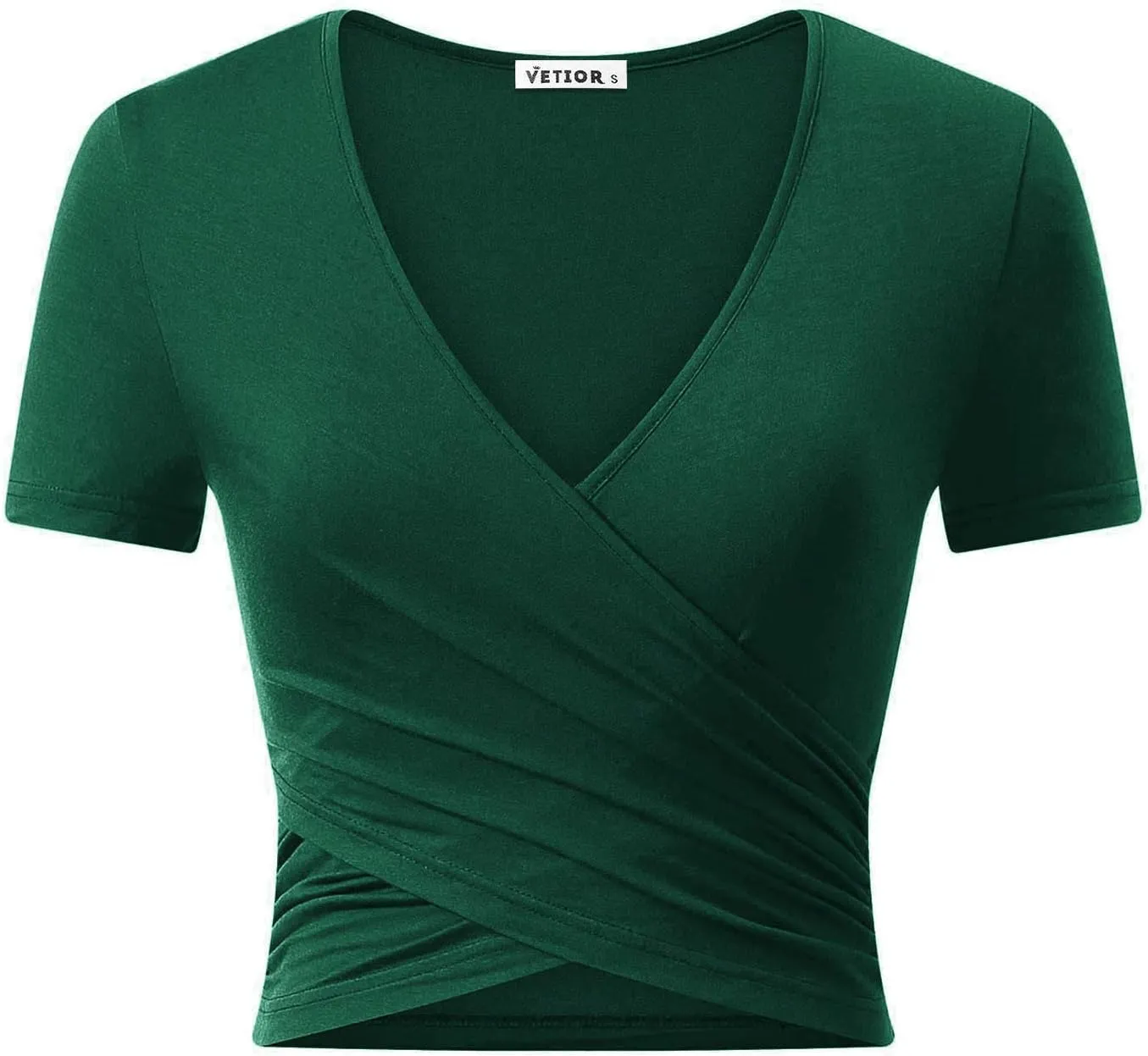 VETIOR Women's Sexy Deep V Neck Short Sleeve Unique Slim Fit Cross Wrap Shirts Crop Tops Going Out Tops
