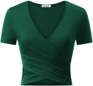 VETIOR Women's Sexy Deep V Neck Short Sleeve Unique Slim Fit Cross Wrap Shirts Crop Tops Going Out Tops