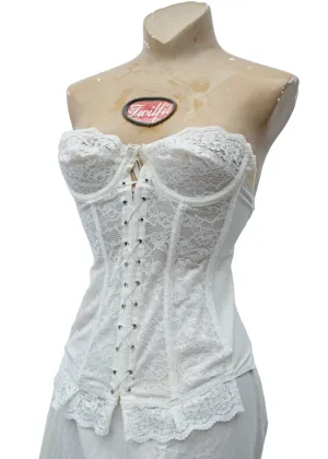 Vintage 80s White Lace Boned Corset Bustier • 34" • Basque Suspenders