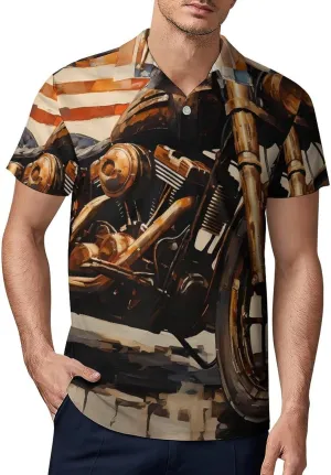 Vintage American Flag Motorcycle Men's Polo Shirt Casual Short Sleeve T-Shirt Sports Golf Shirt for Work Fishing