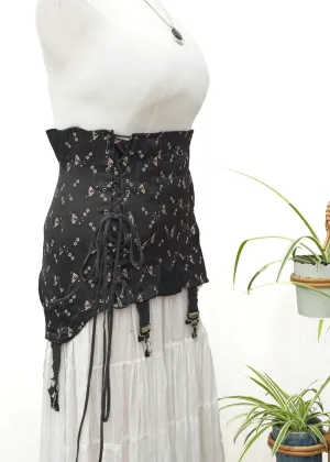 Vintage Boned Girdle Corset • Black   Pink Brocade • Front Lace   Hook Closure
