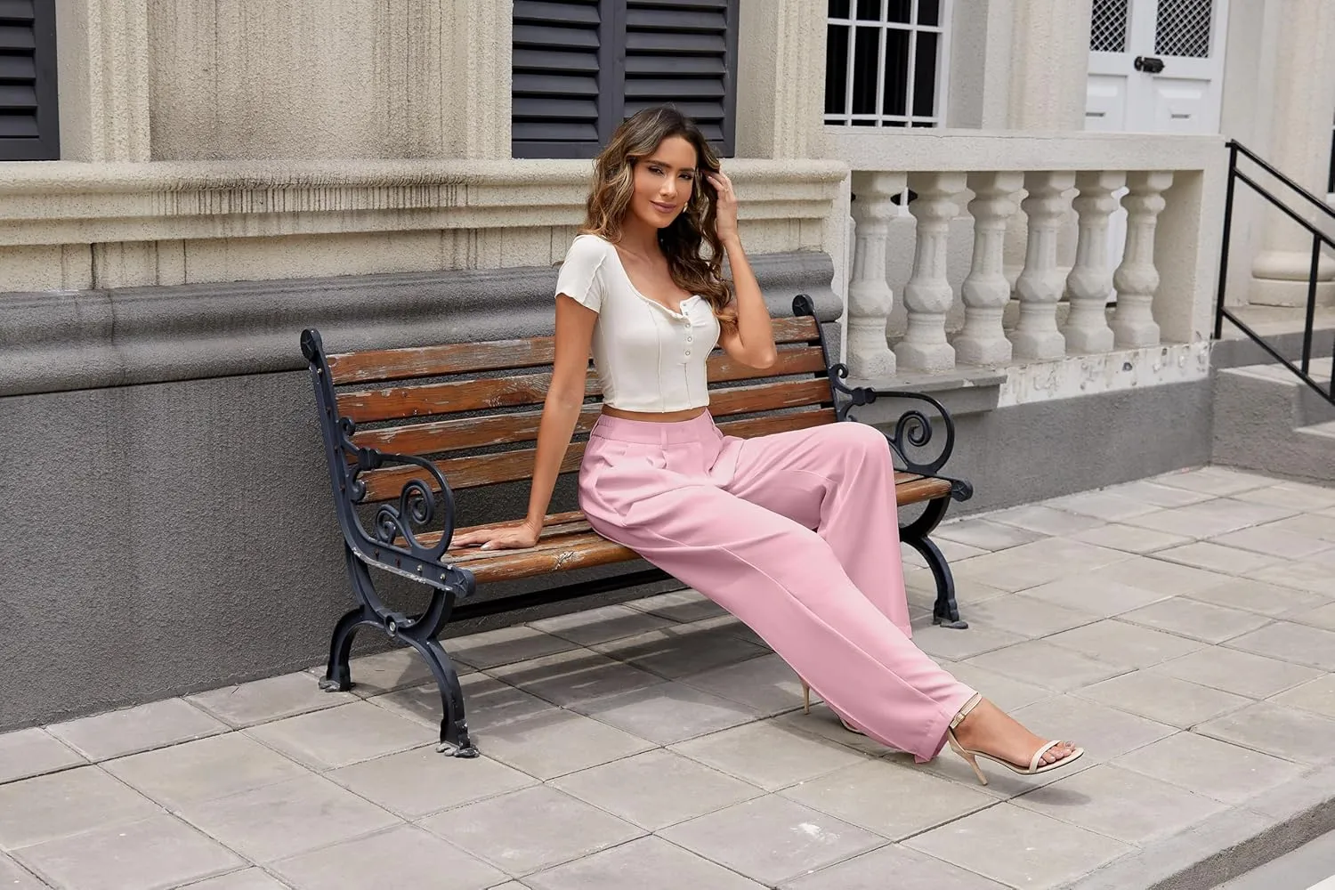 Women Wide Leg High Waist Wide Leg Pants Loose Fit Back Elastic Waist Pleated Front Trousers for Work Casual