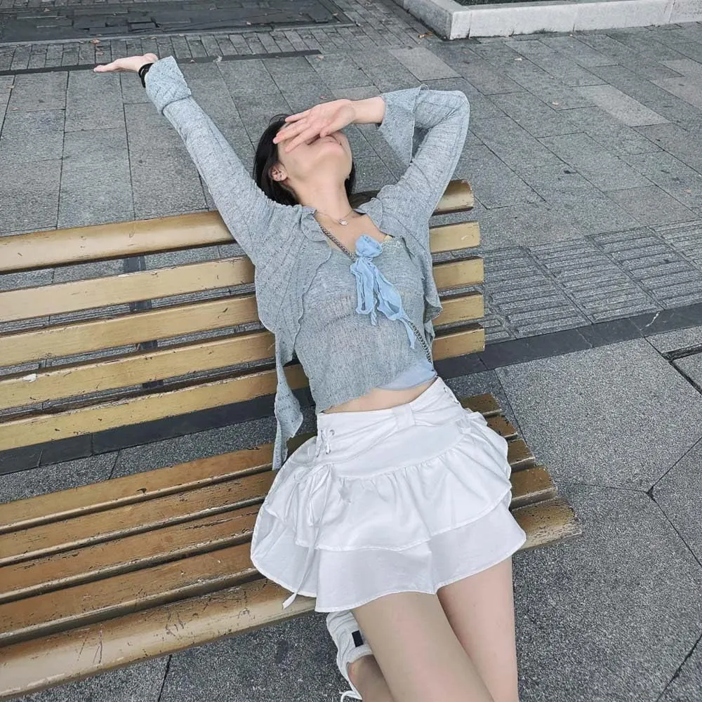 Women's Bow Low Waist Retro Pleated Skirt with Adjustable Waist A-line Mini Denim Skirt Y2K