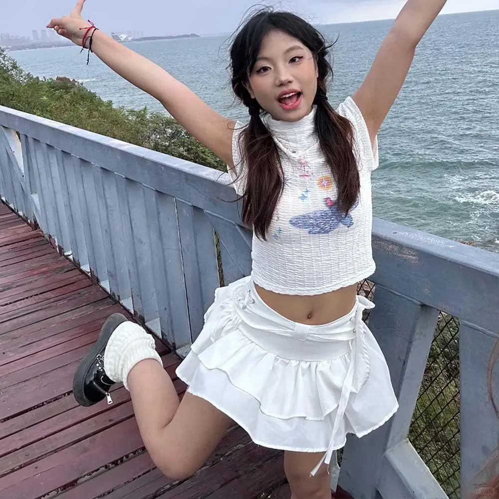 Women's Bow Low Waist Retro Pleated Skirt with Adjustable Waist A-line Mini Denim Skirt Y2K