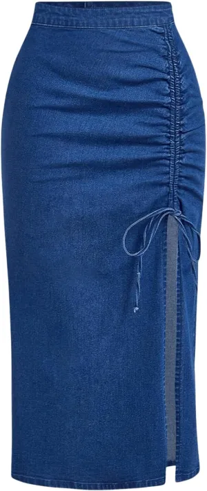 Women's Drawstring Split Thigh Denim Skirt High Waisted Bodycon Midi Jean Skirts