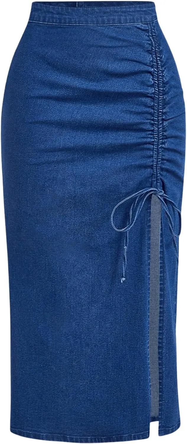 Women's Drawstring Split Thigh Denim Skirt High Waisted Bodycon Midi Jean Skirts