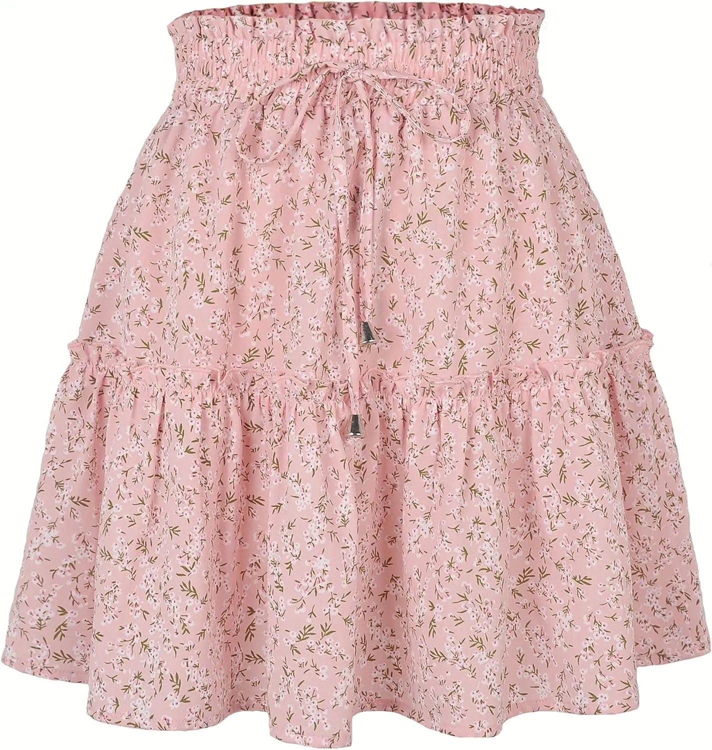 Womens Fashion Elastic Waist Flared Short Skirt Floral Print Pleated High Waist Mini Skater Skirt with Drawstring