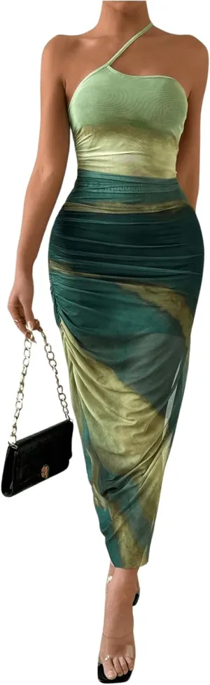 Women's Tie Dye One Shoulder Sleeveless Mesh Dress Ombre Ruched Split Thigh Bodycon Dresses