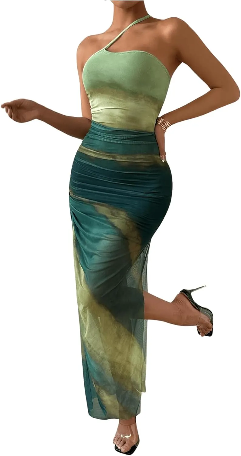 Women's Tie Dye One Shoulder Sleeveless Mesh Dress Ombre Ruched Split Thigh Bodycon Dresses