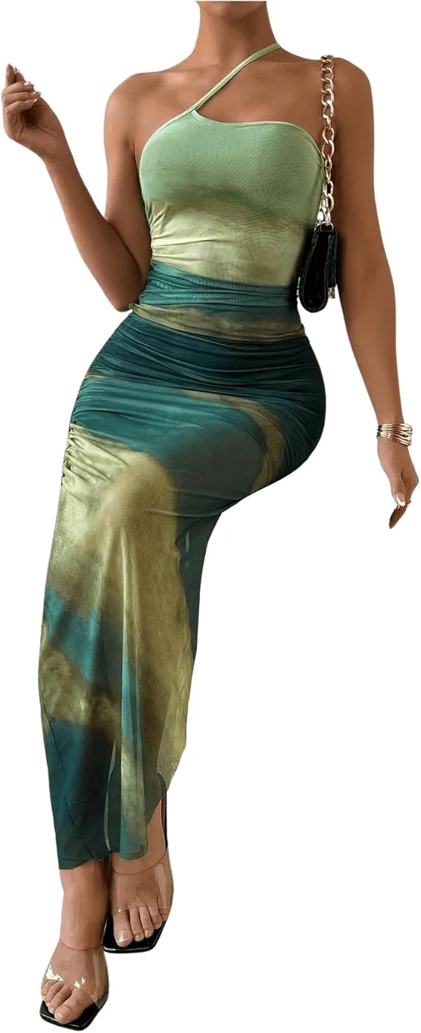 Women's Tie Dye One Shoulder Sleeveless Mesh Dress Ombre Ruched Split Thigh Bodycon Dresses