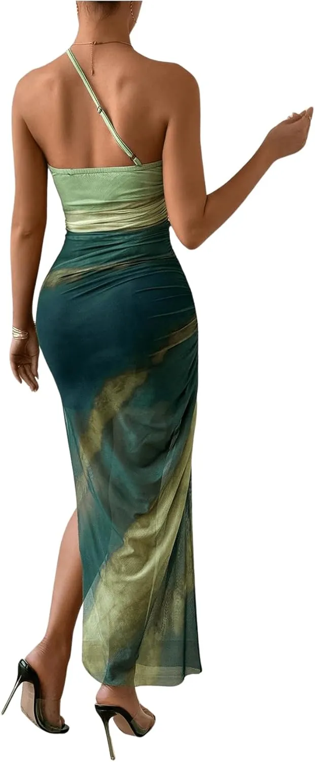 Women's Tie Dye One Shoulder Sleeveless Mesh Dress Ombre Ruched Split Thigh Bodycon Dresses