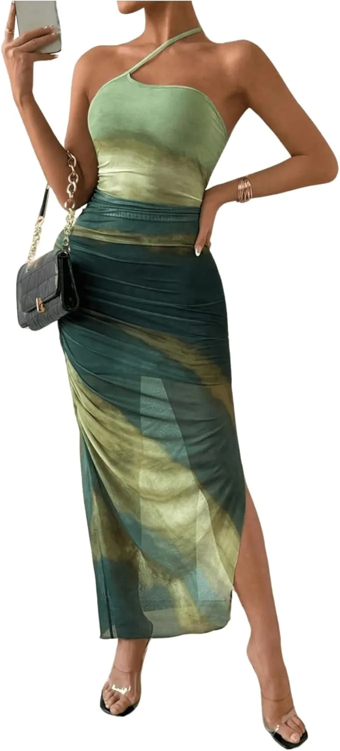 Women's Tie Dye One Shoulder Sleeveless Mesh Dress Ombre Ruched Split Thigh Bodycon Dresses