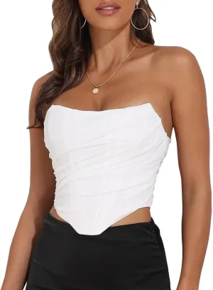 Women's Vintage Strapless Open Back Boned Mesh Bustier Zip Back Corset Bodyshaper Crop Top