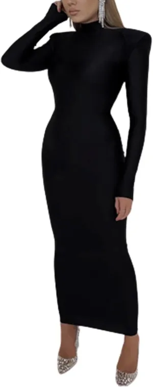 Women's Wide Shoulder Bodycon Dress Formal Long Sleeve Mock Neck Smooth Fitted Shoulder Pad Maxi Party Dress