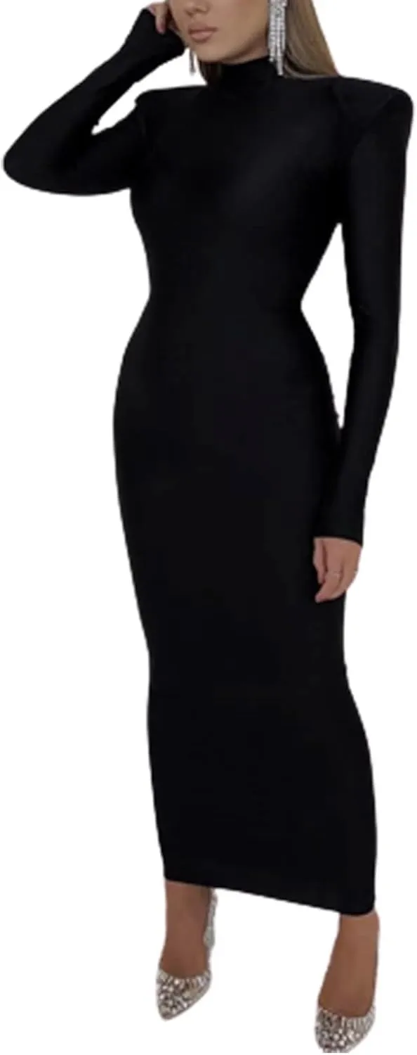 Women's Wide Shoulder Bodycon Dress Formal Long Sleeve Mock Neck Smooth Fitted Shoulder Pad Maxi Party Dress