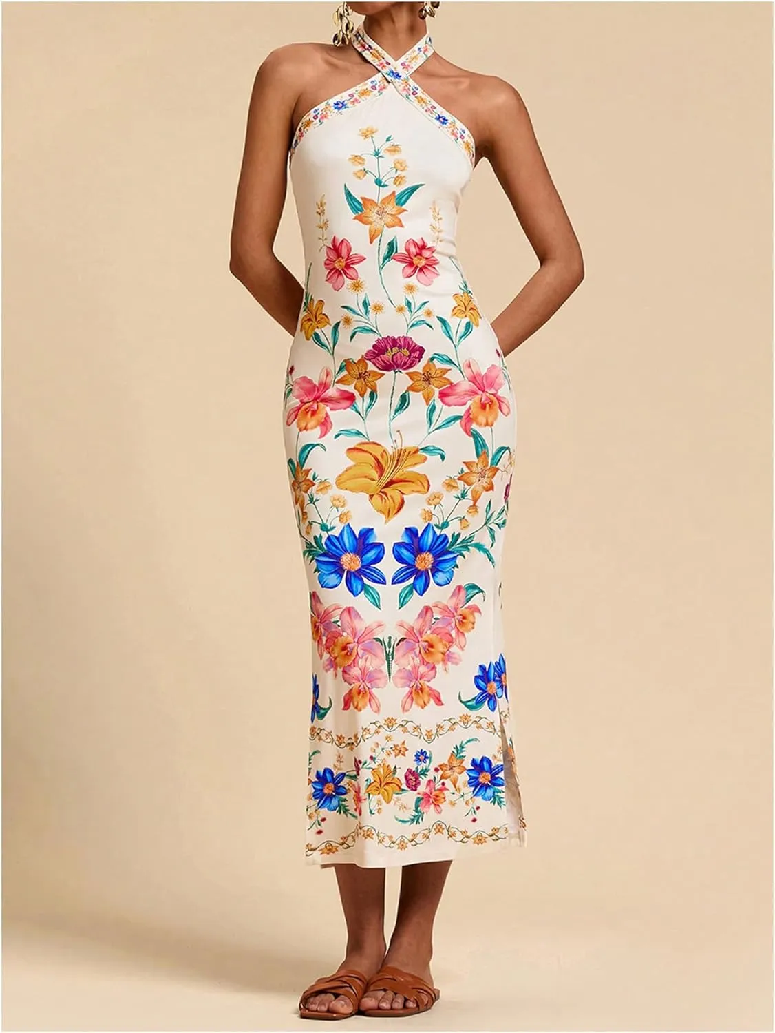 Women's Y2K Floral Halter Dress Boho Vacation Tie Backless Sleeveless Split Thigh Bodycon Long Dresses