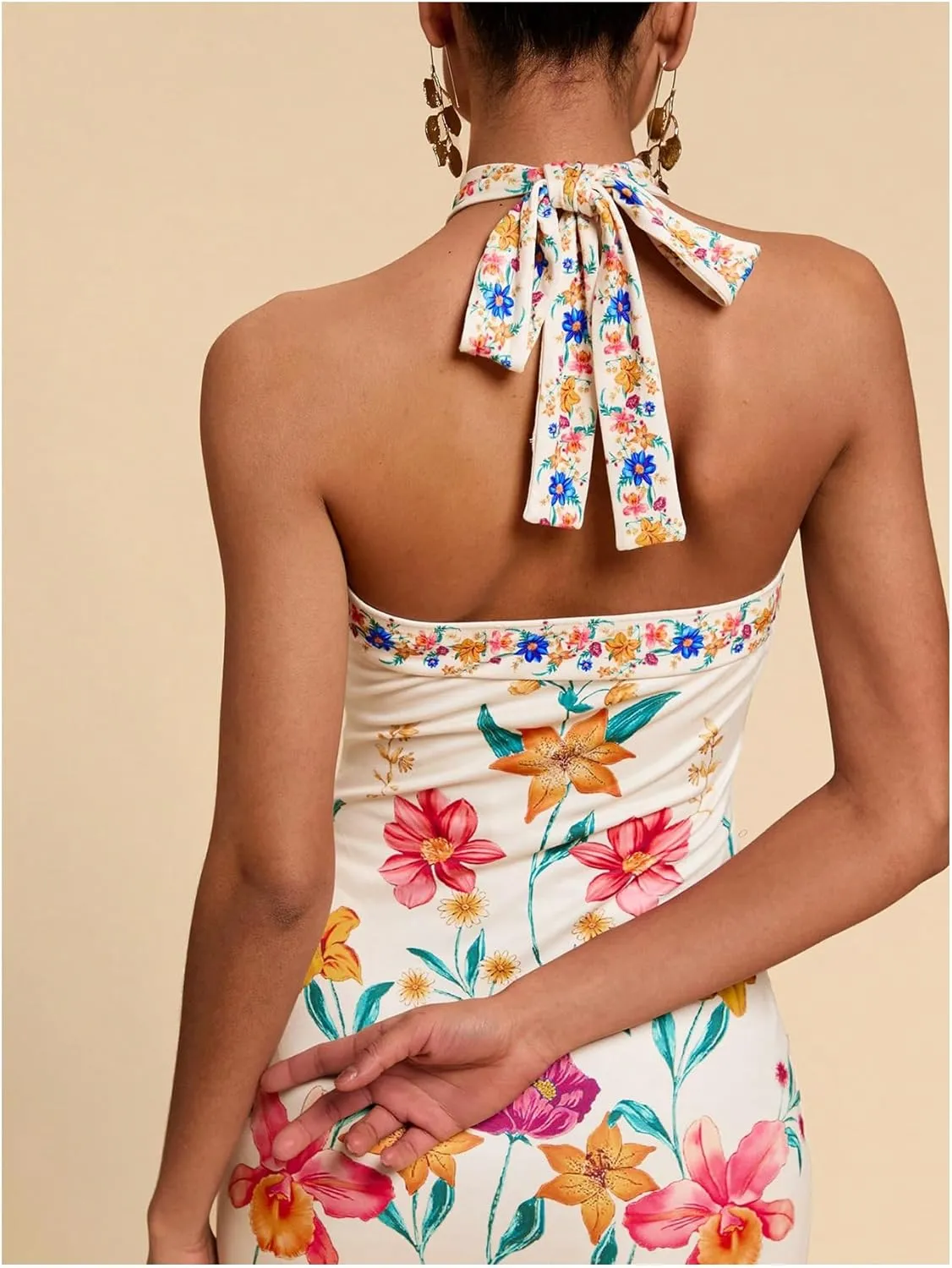 Women's Y2K Floral Halter Dress Boho Vacation Tie Backless Sleeveless Split Thigh Bodycon Long Dresses