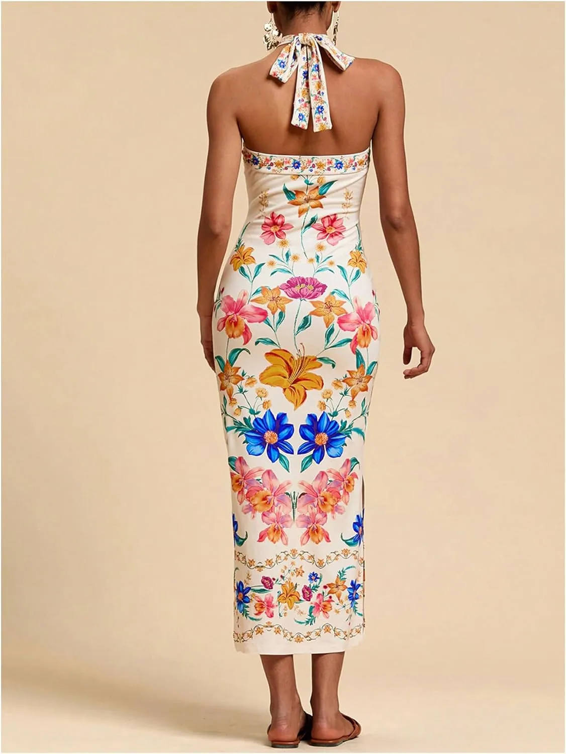 Women's Y2K Floral Halter Dress Boho Vacation Tie Backless Sleeveless Split Thigh Bodycon Long Dresses