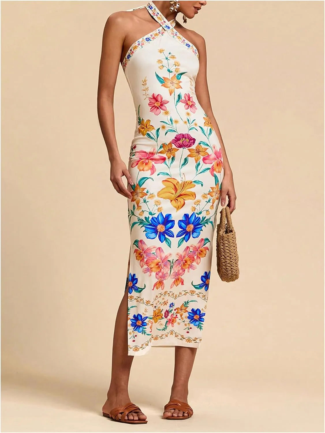 Women's Y2K Floral Halter Dress Boho Vacation Tie Backless Sleeveless Split Thigh Bodycon Long Dresses