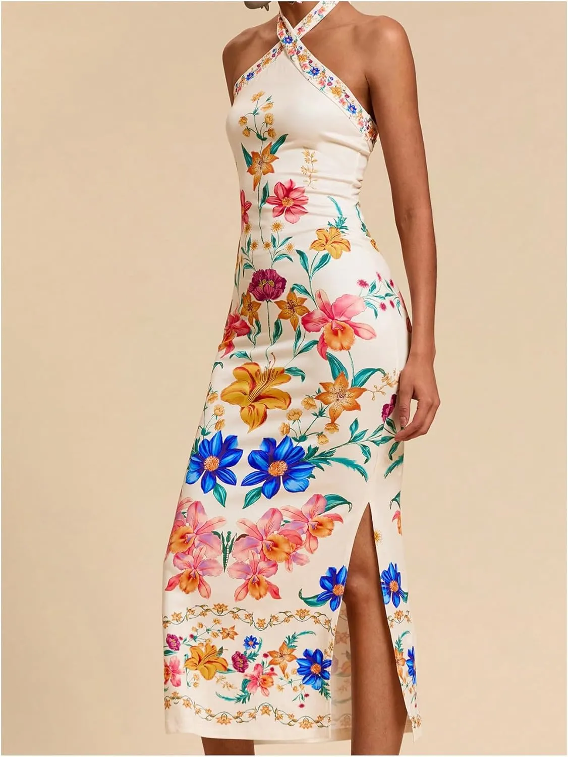 Women's Y2K Floral Halter Dress Boho Vacation Tie Backless Sleeveless Split Thigh Bodycon Long Dresses
