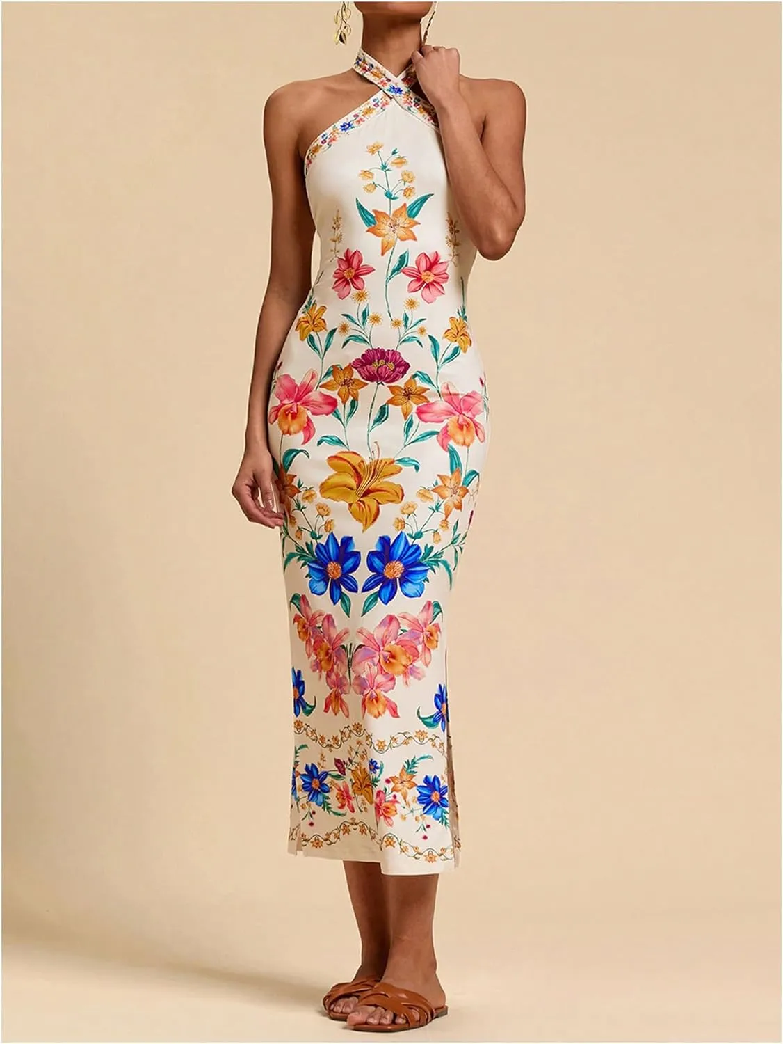 Women's Y2K Floral Halter Dress Boho Vacation Tie Backless Sleeveless Split Thigh Bodycon Long Dresses