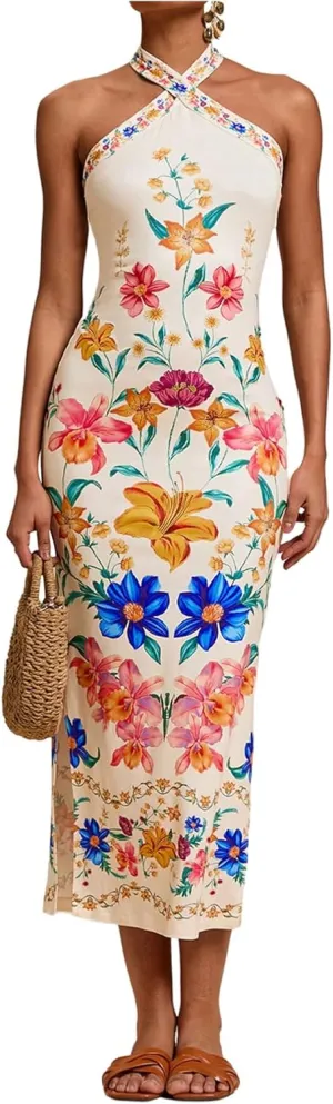 Women's Y2K Floral Halter Dress Boho Vacation Tie Backless Sleeveless Split Thigh Bodycon Long Dresses
