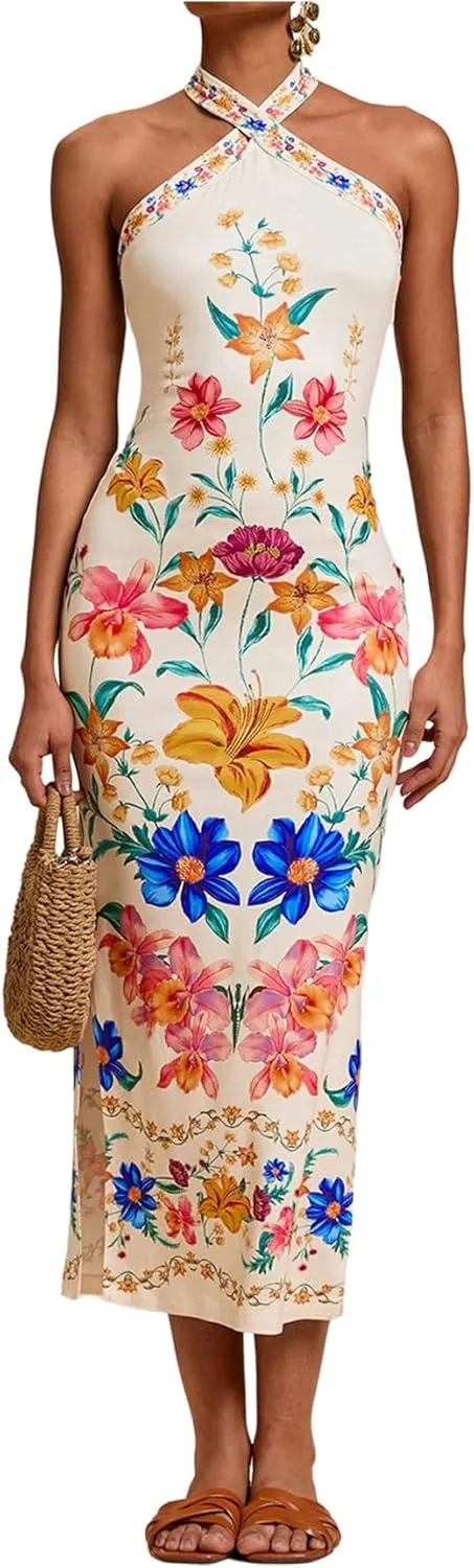Women's Y2K Floral Halter Dress Boho Vacation Tie Backless Sleeveless Split Thigh Bodycon Long Dresses
